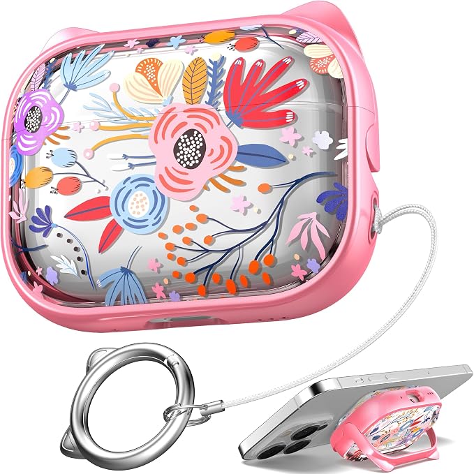 for AirPods Pro 2 Case with Cleaning Kit, Cute Cat Ear Print Design & Cute Buckle for Girls, Phone Holder & Top Safe Lock Buckle Design for AirPods Pro 2nd/1st Gen case, Clear Flowers by MHYALUDO
