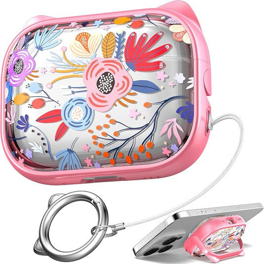 for AirPods Pro 2 Case with Cleaning Kit, Cute Cat Ear Print Design & Cute Buckle for Girls, Phone Holder & Top Safe Lock Buckle Design for AirPods Pro 2nd/1st Gen case, Clear Flowers by MHYALUDO
