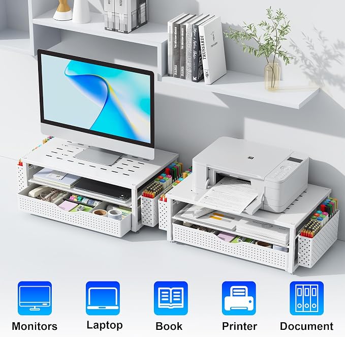 gianotter Desk Organizers and Accessories, Monitor Stand with Drawer and 2 Pen Holder, Desktop Organizer Suitable for Offices and Dormitories (White) - Image 6