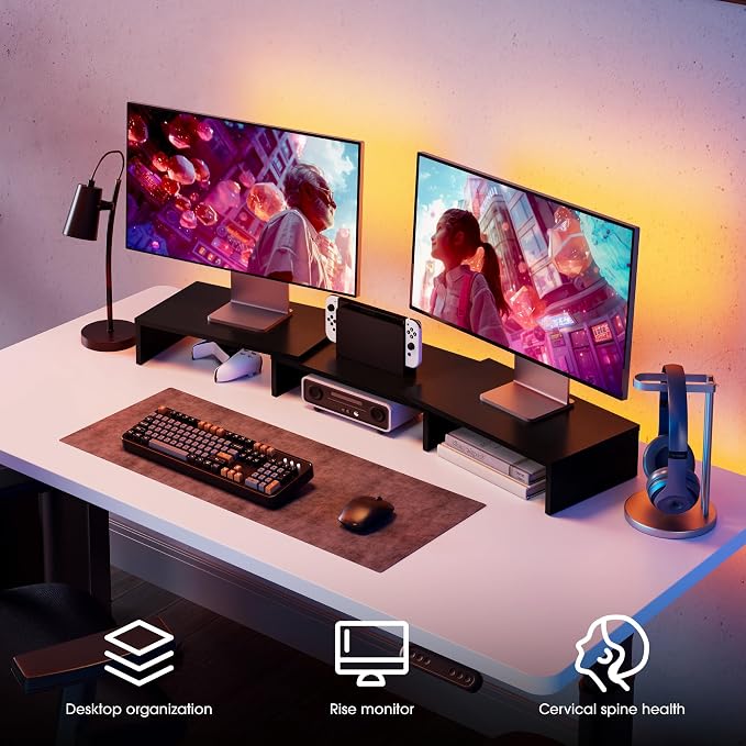 FITUEYES Dual Monitor Stand Riser, Adjustable Length and Angle, Black | Wooden 3-Shelf Design, Supports up to 55lbs, Flexible for Standard Corner Space, Holds Monitor, Laptop, Phone, Printer - Image 2