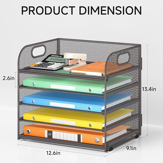 Lavatino 5 Tray Desk File Organizer, Mesh Paper Sorter Letter Tray Organizer with Handle, Desktop File Organizer and Storage for Letter/A4 Office File Folder- Grey - Image 2