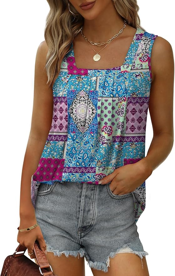 Saloogoe Summer Tank Tops for Women Loose Fit Pleated Square Neck Sleeveless Tops Curved Hem Flowy - Image 2