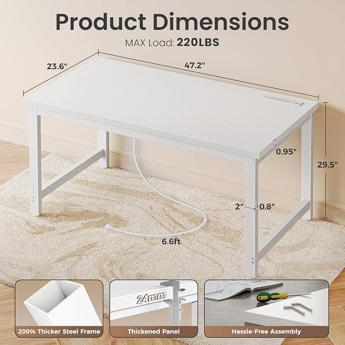 Huuger 48 x 24 inch Desk with Power Outlets & USB-C, Deeper & Thicker Desktop, Robust Metal Tubes, Computer Desk, Heavy Duty Office Desk, Work Gaming Desk for Home Office, White - Image 2