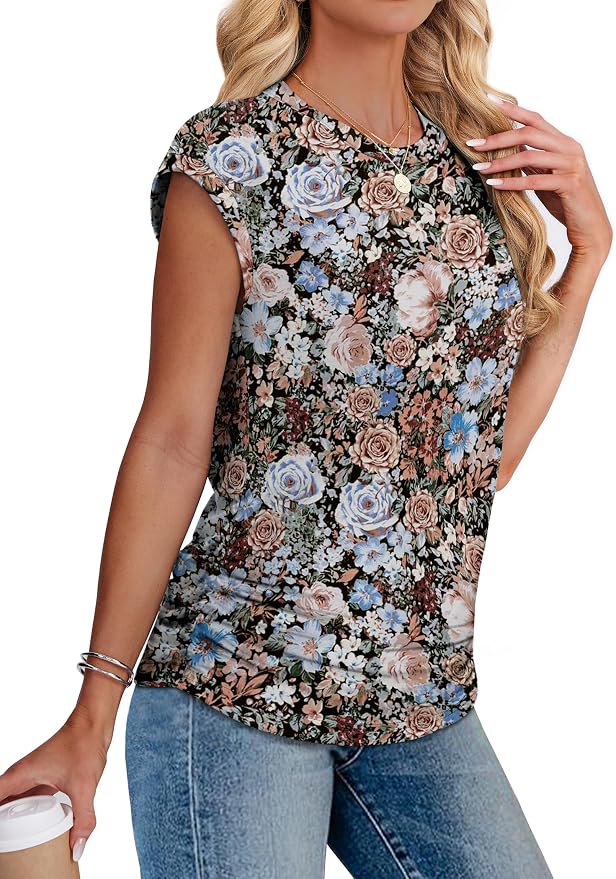 Sampeel Womens Summer Tops Trendy 2026 Ruched Cap Short Sleeve Tshirts Shirts Crew Neck T Shirts Fashion - Image 4