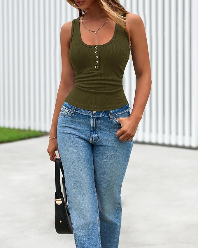 BTFBM Summer Tops for Women 2026 Scoop Neck Ribbed Henley Button Sleeveless Casual Spring Basic Tank Top Clothes Outfits - Image 6