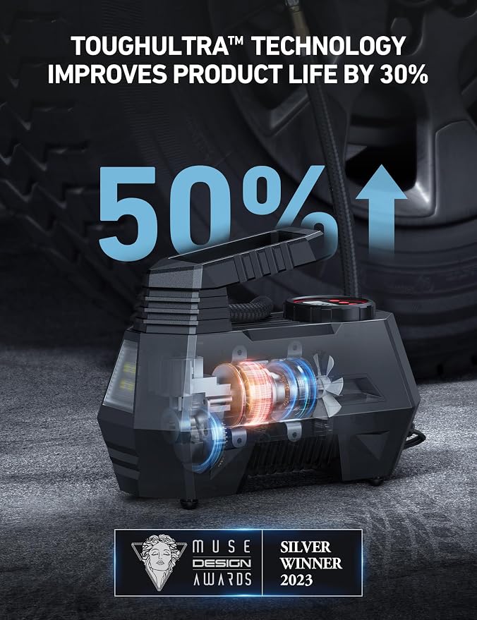 AstroAI AIRUN H Tire Inflator Portable Air Compressor Air Pump for Car Tires - Car Accessories, 9.8Ft Cord-12V DC-Powered Auto Pump with Digital Pressure Gauge, LED Light for Bicycle, Balloons, Red - Image 3