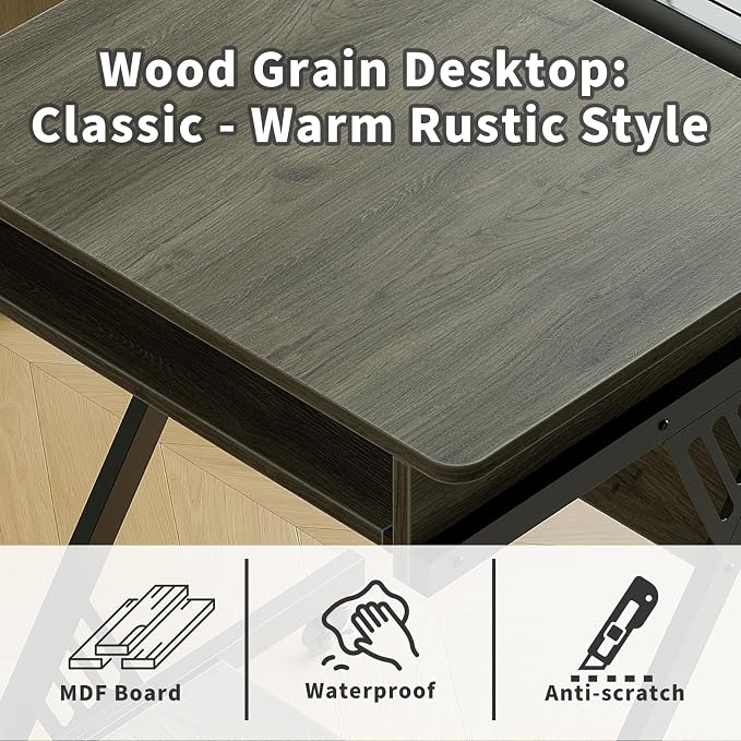 ALISENED Computer Desk for Small Spaces Compact Desk with Keyboard Tray | 23.6" Z-Shaped, with Wheels and Bottom Shelves, for Home Office, Computer Cart Mobile Laptop Cart, Grey - Image 7