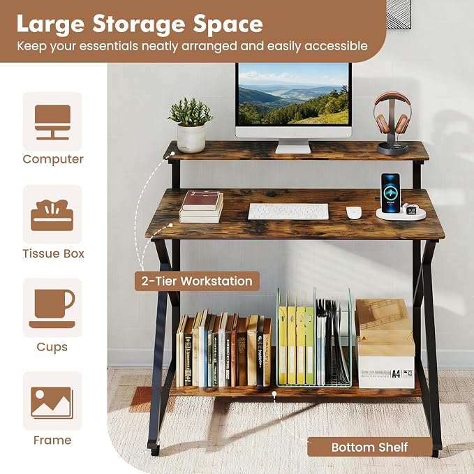 Giantex Rolling Computer Desk with Charging Station, Mobile Portable Laptop Desk with Monitor Stand & Storage Shelf, Small Desk with Lockable Wheels for Small Spaces, Home Office (Rustic Brown) - Image 6
