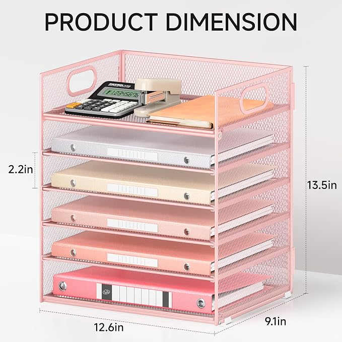 6 Tray Paper Organizer Letter Tray with Handle - Mesh Desk File Organizer, Paper Sorter Organizer for Office, Home or School File Folder Holder - Pink - Image 2