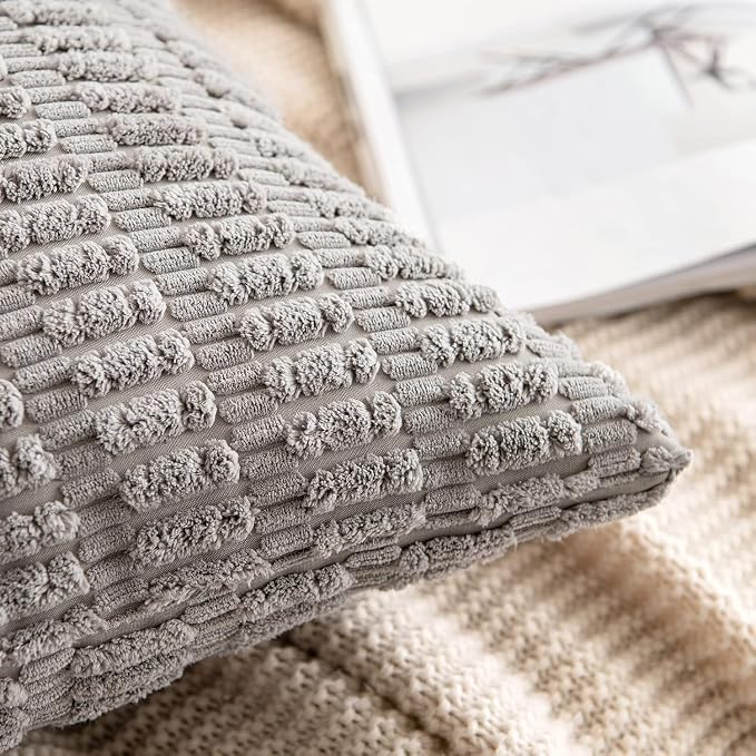 MIULEE Pack of 2 Corduroy Decorative Euro Sham Throw Pillow Covers 24x24 Inch Soft Boho Striped Pillow Covers Modern Farmhouse Home Decor for Sofa Living Room Couch Bed Light Grey - Image 6