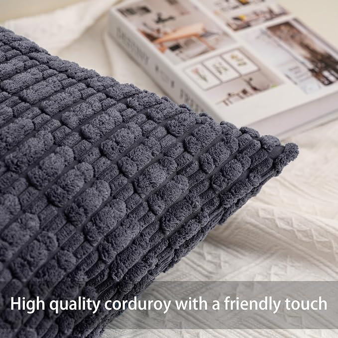 Aegero Pack of 2 Corduroy Decorative Throw Pillow Covers 16x16 Inch Soft Striped Pillow Covers Modern Farmhouse Home Decor for Sofa Living Room Couch Bed（Dark Grey） - Image 2
