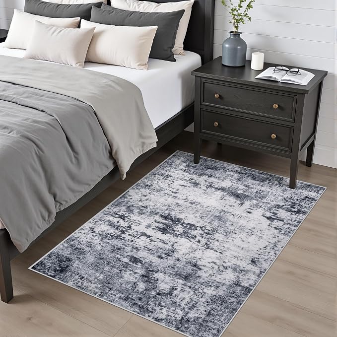 Washable Area Rug 3x5 Entryway Rug: Washable Modern Abstract Soft Thin Rug Indoor Floor No Slip Stain Resistant Carpet for Bedroom Dining Room Farmhouse Nursery Home Office - Grey - Image 2