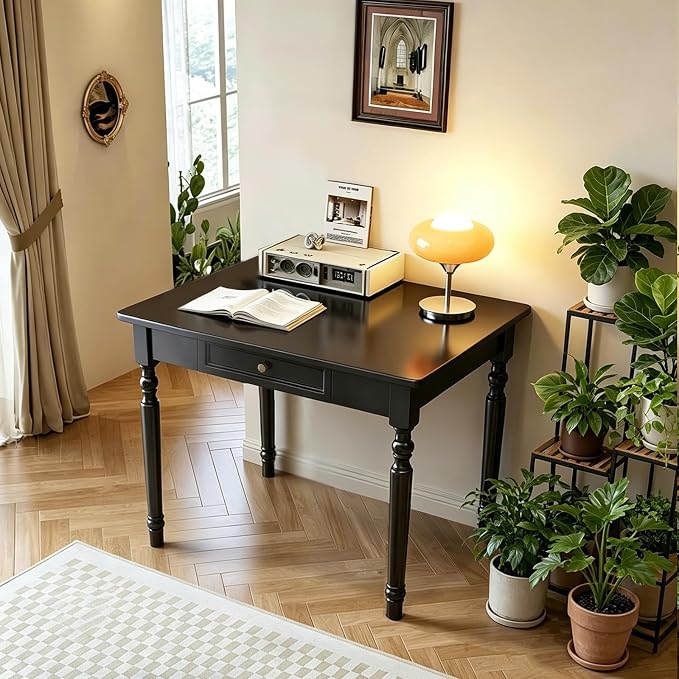 Solid Wooden Desk with Drawers, Small Writing Desk with Drawers for Computer, PC Desk for Work, Study or Gaming, Easy to Assemble (Black, 31.5IN) by Unknown