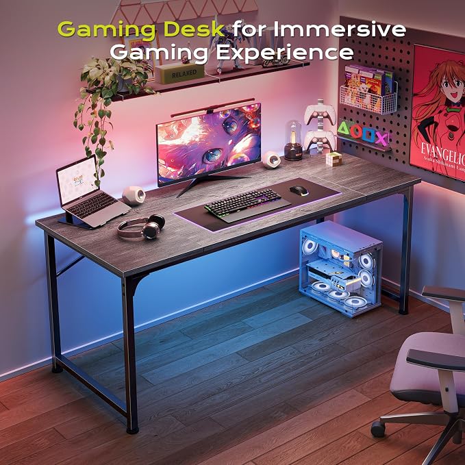 PRAISUN 55 Inch Computer Desk, Home Office Desk with Spacious Desktop, Grey | Modern Gaming Desk for Bedroom, Study, Work, Gaming & Writing, Large Legroom, Sturdy Metal Frame - Image 8