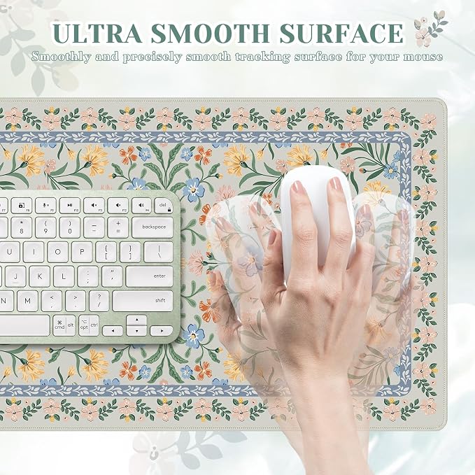 iCasso Aesthetic Flower Mouse Pad,23.6x13.7in, Green Floral | Desk Pad Mat, Desk Matt for Desktop Anti-Slip Mousepad with Stitched Edges for Laptop Computer Keyboard - Image 3