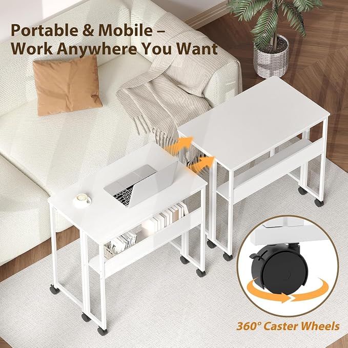 Folding Desk Small Rolling Desk with Storage Shelf,24.8 Inch Foldable Computer Table with Wheels,Portable Office Desk for Small Space Sofa Table,Easy to Fold,Writing Work Office Computer Desk,White - Image 7