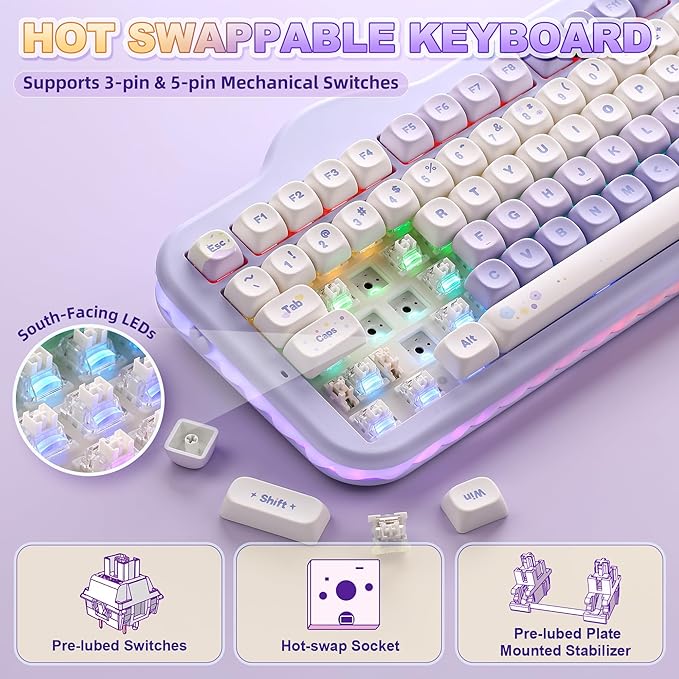 YUNZII C98 Cute Cake Wireless Mechanical Keyboard(Purple, Milk Switch) | 99 Keys with Number Pad, Hot Swap, PBT MOA Keycaps, BT5.0/2.4G/USB-C, Gasket Mount, Custom RGB Backlit for Win/Mac - Image 5