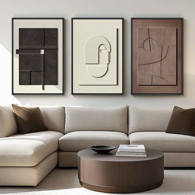 Framed Abstract 3D Textured Wall Art for Living Room, 3 Piece Modern Neutral Artwork for Walls, Brown White Geometric Sandstone Textured Painting for Bedroom, Home Office Decor-Total Size 30x60 Inch - Image 2