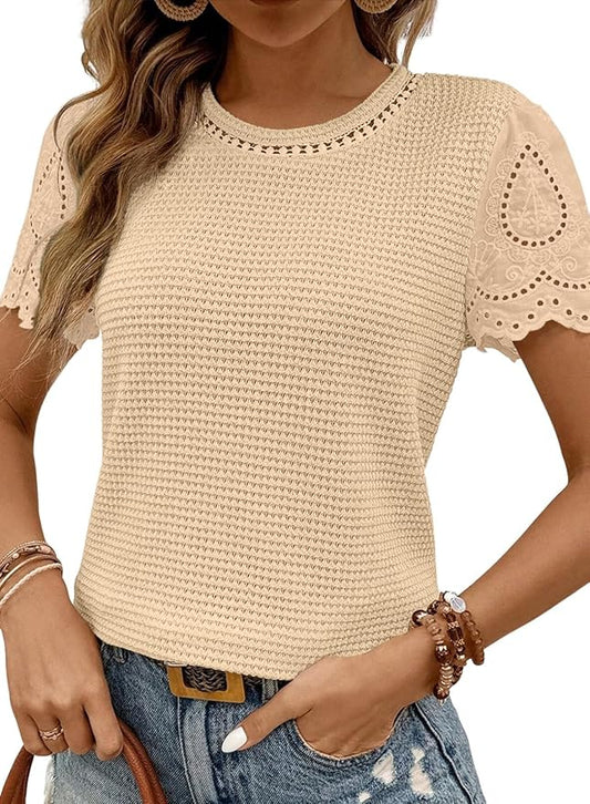 SHEWIN Womens Frenchy Summer Tops Crewneck Short Sleeve T Shirts Casual Waffle Knit Jacquard Blouses Top Shirts by SHEWINBeYourFashionStylist
