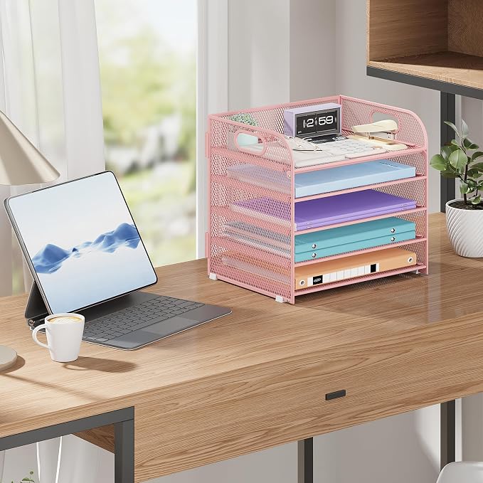 Cawukege 5 Tier Paper Organizer with Handle, Pink Metal Mesh Desk Organizer File Folder Paper Letter Tray Desktop Document Sorter for Classroom, School, Office Accessories Organization and Storage - Image 8