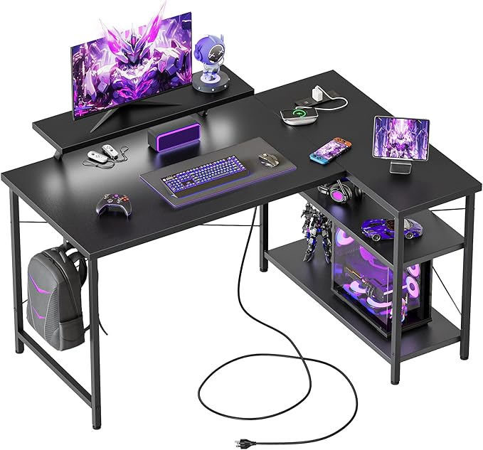 Mericonia 48 in Corner Desk with Monitor Stand, Small L Shaped Gaming Desk | Reversible Computer Desk with Power Outlets, LED Light & Storage Shelves, Office Table for Home Bedroom Study Work Writing by MERICONIA