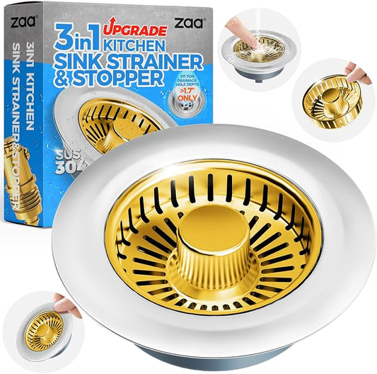 zaa 3 in 1 Kitchen Sink Drain Strainer Stopper Removable Basket Pop-Up | Kitchen Sink Accessories 1 Pack Gold Stainless - Food Catcher, Odor-Blocking Seal, Fits 3.5" Drain by zaa