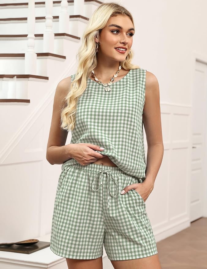 LOMON Women's Trendy 2 Piece Outfits Shorts Sets Summer Crew Neck Sleeveless Tank Top and Bottom Matching with Pockets 2026 - Image 5