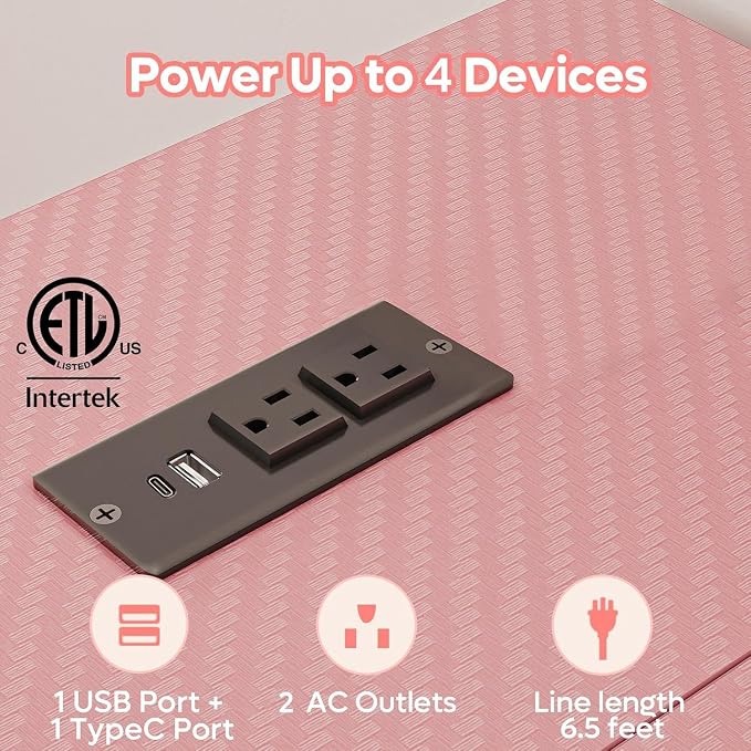 Bestier 42-Inch Pink L-Shaped Gaming Desk with Charging & LED | Charging 2AC+USB+Type-C, RGB LED 20 Colors/22 Modes, Reversible Shelves, Carbon Fiber Texture, Headset Hook, Small Space - Image 6
