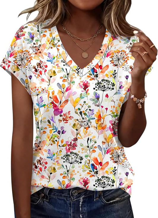 Rapbin Womens Summer Tops Women Blouses Dressy Casual V Neck T Shirts Short Sleeve Spring Tops for Women by RAPBIN