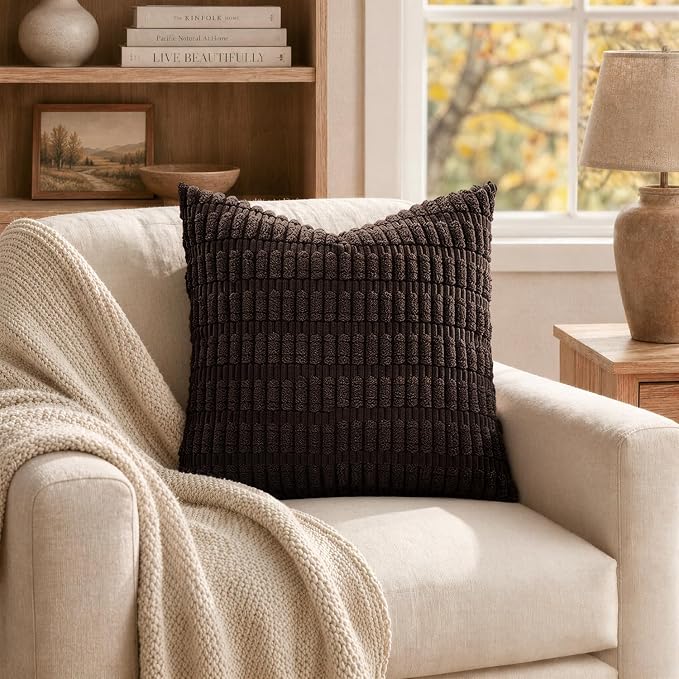 MIULEE Pack of 2 Corduroy Decorative Euro Sham Throw Pillow Covers 24x24 Inch Soft Boho Striped Pillow Covers Modern Farmhouse Home Decor for Sofa Living Room Couch Bed Dark Brown - Image 4