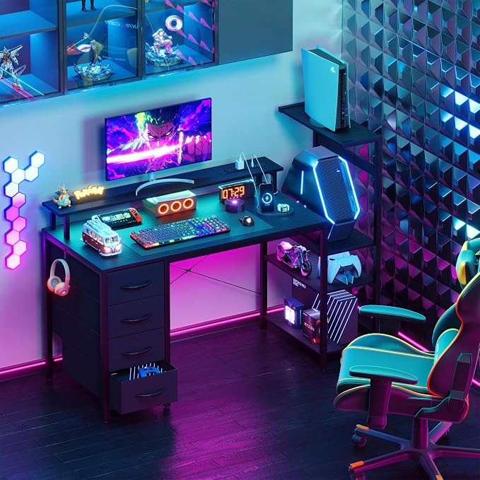 51 Inch Gaming Desk with Drawers & PC Tower Stand & LED Lights, Black | Reversible, Monitor Shelf, Power Outlets, Carbon Fiber, Mesa Gamer, Computer Desk with Storage, Gaming Table for Home Office - Image 2