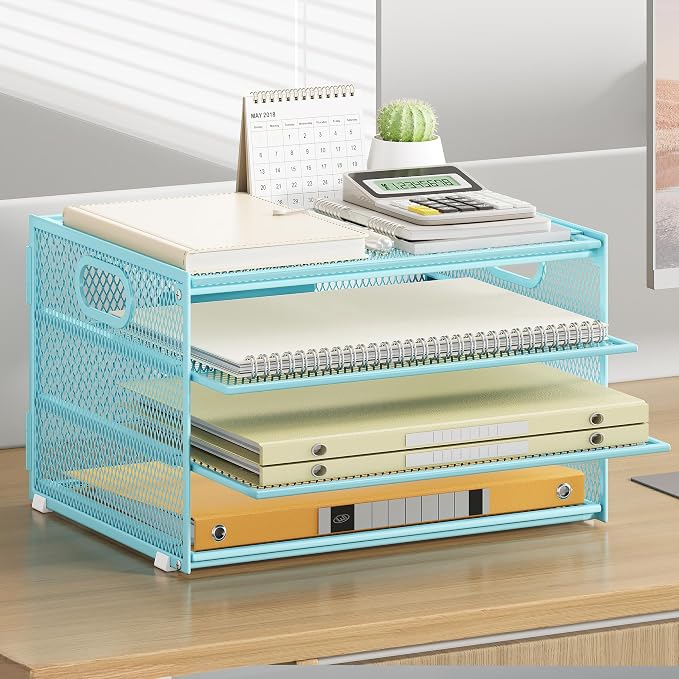 Subekyu Paper Letter Tray Organizer for Desk, Blue Metal Mesh Desk File Sorter Organizer with Handle and 2 Sliding Trays for Home Office School Supplies Organization - Image 2