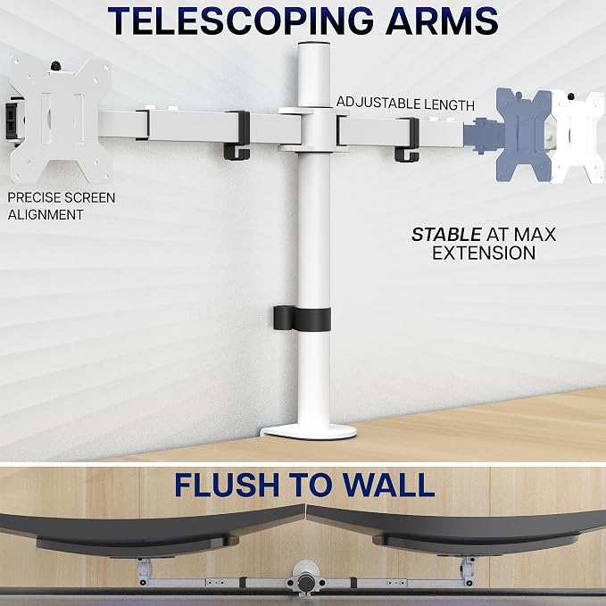 VIVO Dual LCD LED 21 to 32 inch Monitor Desk Mount, Heavy Duty, Adjustable Telescoping Arms, Flush Wall Setup, Fits 2 Screens, White, STAND-V002EW - Image 3