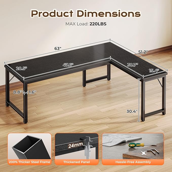 Huuger 63 Inch L Shaped Desk with 0.95 Inch Thicker Desktop, Reversible Computer, Larger Corner Office Gaming Desk, Robust Metal Frame, for Home Office, Study, Black - Image 3