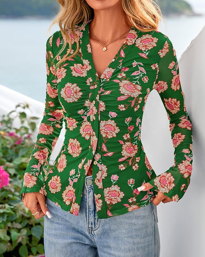 BTFBM Button Down Shirts for Women 2026 Fall Boho Tops V Neck Long Sleeve Blouses Ruched Mesh Fitted Fashion Clothing - Image 5