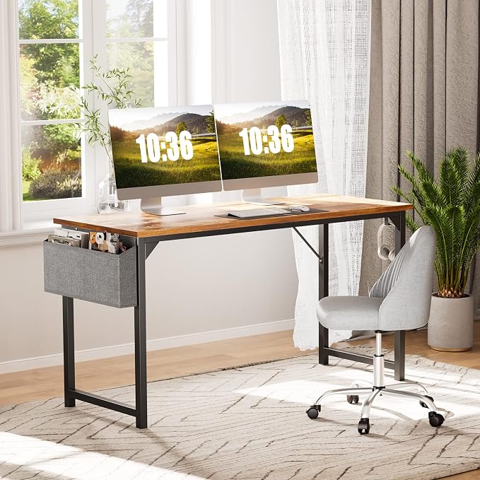 Sweetcrispy 55-Inch Small Computer Desk for Bedroom, Brown | Gaming Writing Work and Study Desk for Home Office, Sturdy Metal Frame and Compact Modern Design with X-Shaped - Image 2