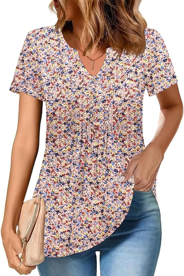 Zeagoo Womens Short Sleeve Tops Summer Henley V-Neck Tshirts Casual Pleated Blouse Dressy Loose Floral Basic Tee - Image 2