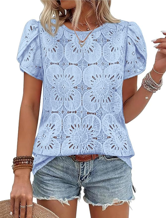 OFEEFAN Blouses for Women Dressy Casual Petal Short Sleeve Shirts Crochet Lace Boho Tops Spring Fashion Summer Outfits by OFEEFAN