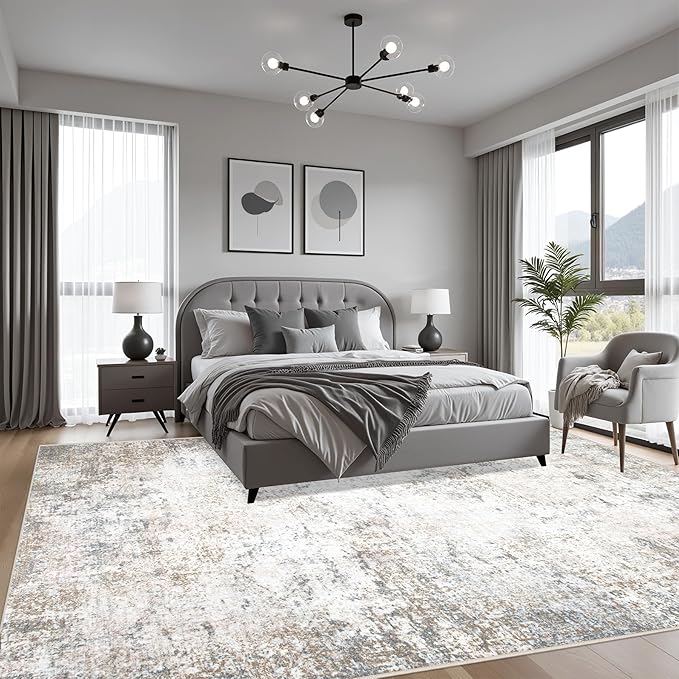 4x6 Area Rug Living Room Rug: Washable Modern Abstract Soft Thin Rug Indoor Floor No Slip Stain Resistant Carpet for Bedroom Dining Room Farmhouse Nursery Home Office - Brown Grey - Image 3
