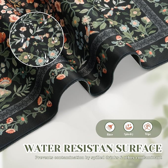 iCasso Aesthetic Floral Desk Mat,Retro Mouse Pads,31.5x11.8in, Black | Anti-Slip Mousepad with Stitched Edges, Waterproof Computer Pad, Desk Accessories Office Decor for Women - Image 5
