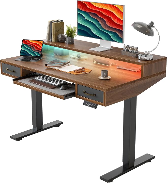 TIQLAB Standing Desk with Two Drawers, Stand Up Standing Desk Adjustable Height, Electric Sit Stand Table with Storage Shelf and Splice Board, with LED Light, 47 * 28 inch, Black Walnut by TIQLAB