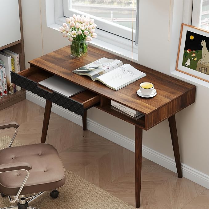Tangkula Mid Century Modern Desk, Home Office Standing Desk w/Drawer & Open Compartment, Small Computer Desk Work Study Table, Vintage Writing Desk Wooden Workbench for Bedroom/Living Room - Image 4