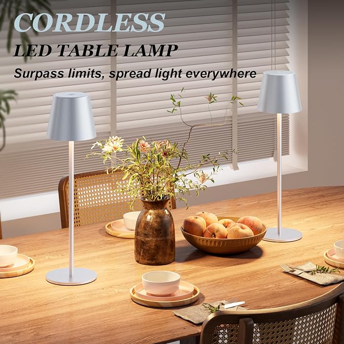 Kakanuo Silver Grey Cordless Lamp Rechargeable - 2 Pack 5000mAH Battery Operated Table Lamp for Counter, 3 Color Stepless Dimming Wireless Lamp for Dining Kitchen, Outdoor Patio, Touch Control - Image 3