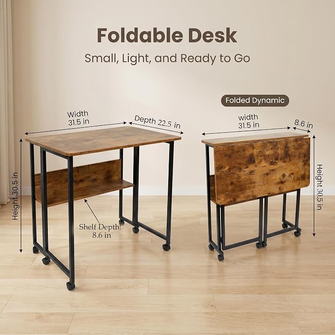 Mobile Foldable Desk w/Wheels and Feet Pads, Foldable Computer Desk, Folding Desk, Small Computer Desk for Small Spaces, Folding Table for Office Bedroom Living Room-Rustic Brown - Image 2