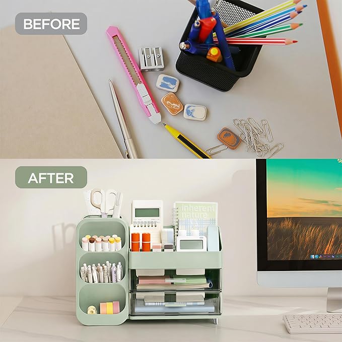 HBlife Desk Organizer with Pen Pencil Holder for Desk, Pen Organizer with 2 Drawers, Desk Organizers and Accessories with 4 Compartments, Desktop Storage for Office Home School Art Supplies, Green - Image 6