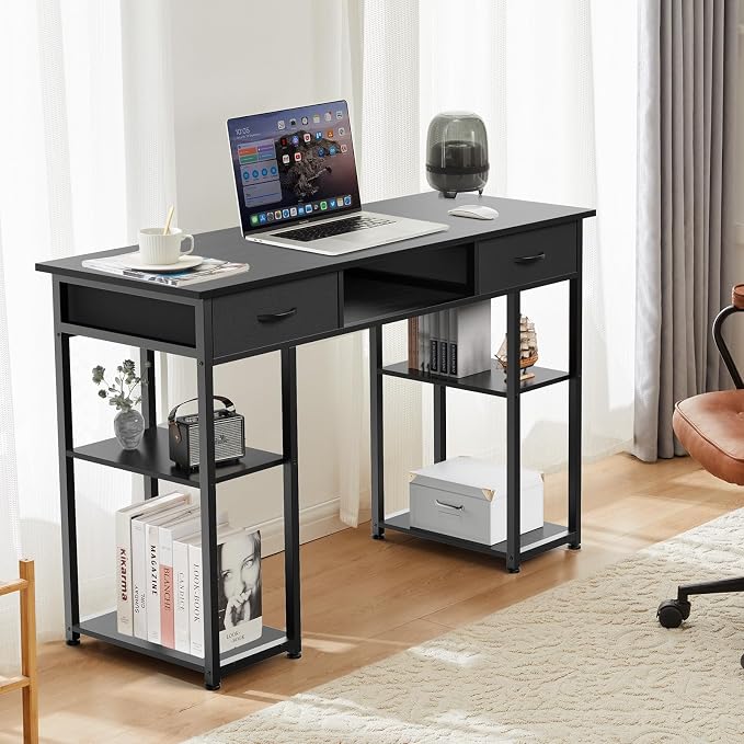 DUMOS 48-Inch Computer Desk with Drawers, Hook and Side Bag, Black | Home Office Desk for Bedroom, Gaming Writing Study Desk with Adjustable Feet - Image 2