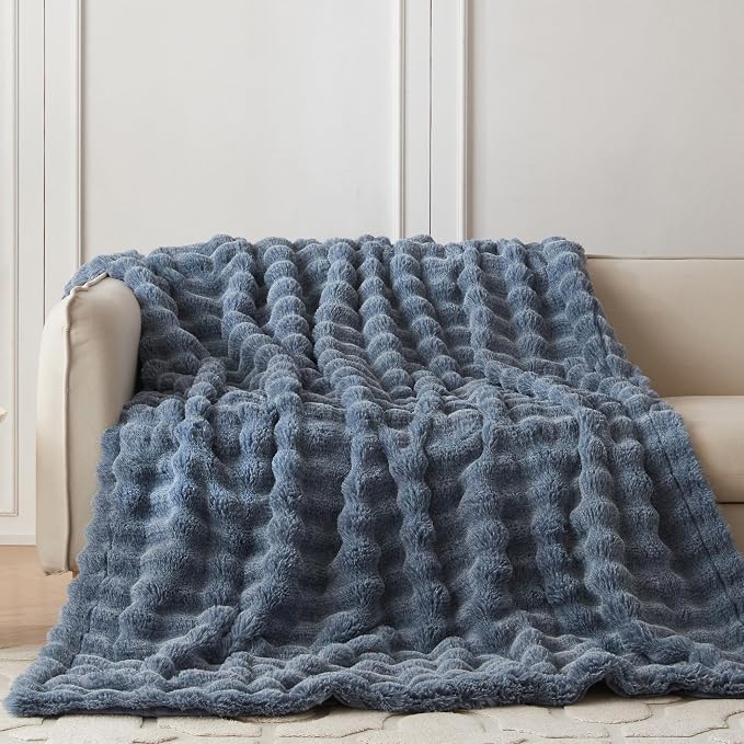 COOVA Faux Fur Throw Blanket for Couch, Cozy Soft and Fuzzy Plush Rabbit Fur Bubble Blanket for Sofa Bedroom Living Room, 60x80 Inches Cationic Dark Blue - Image 2