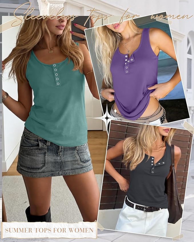 Ficerd 3 Pack Women's Henley Tank Tops Sleeveless Button Down Summer Shirts 2026 Casual Trendy Loose U Neck Tee Blouses - Image 4