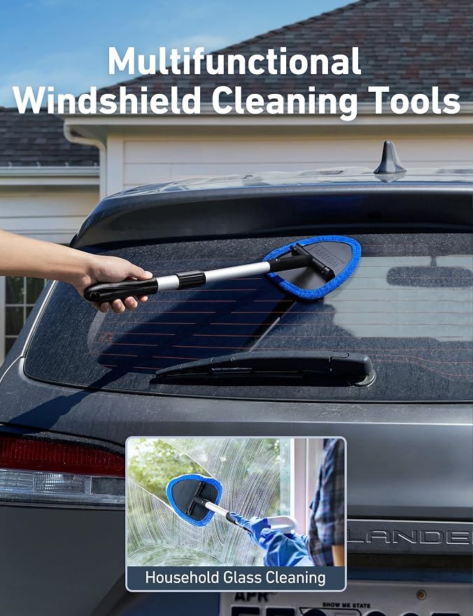 AstroAI 21" Extra-Long Windshield Cleaner Tool, Car Interior Detailing Cleaning Kit with Extendable Handle and 4 Upgraded Reusable Microfiber Pads, Auto Glass Wiper Brush Kit for Cars, Blue, 2 Pack - Image 7