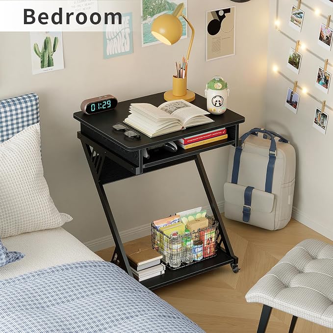 ALISENED Computer Desk for Small Spaces Compact Desk with Keyboard Tray | 23.6" Z-Shaped, with Wheels and Bottom Shelves, for Home Office, Computer Cart Mobile Laptop Cart, Black - Image 8